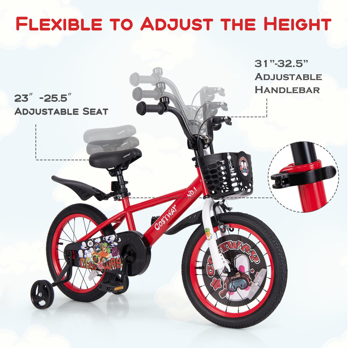 16 Inch Kids Bike, Adjustable, Storage Basket, Double Brake, 4-8 Years, Red Kids Bike at Gallery Canada