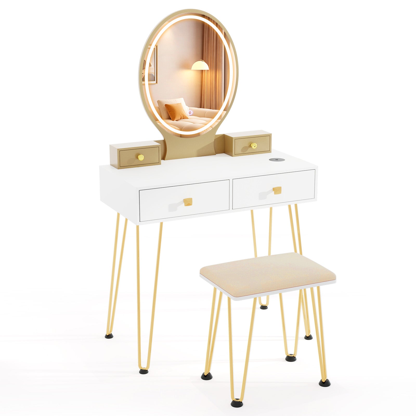 Vanity Table Set With Lighted Dimmable Mirror, White, 3-Color Makeup Vanities at Gallery Canada
