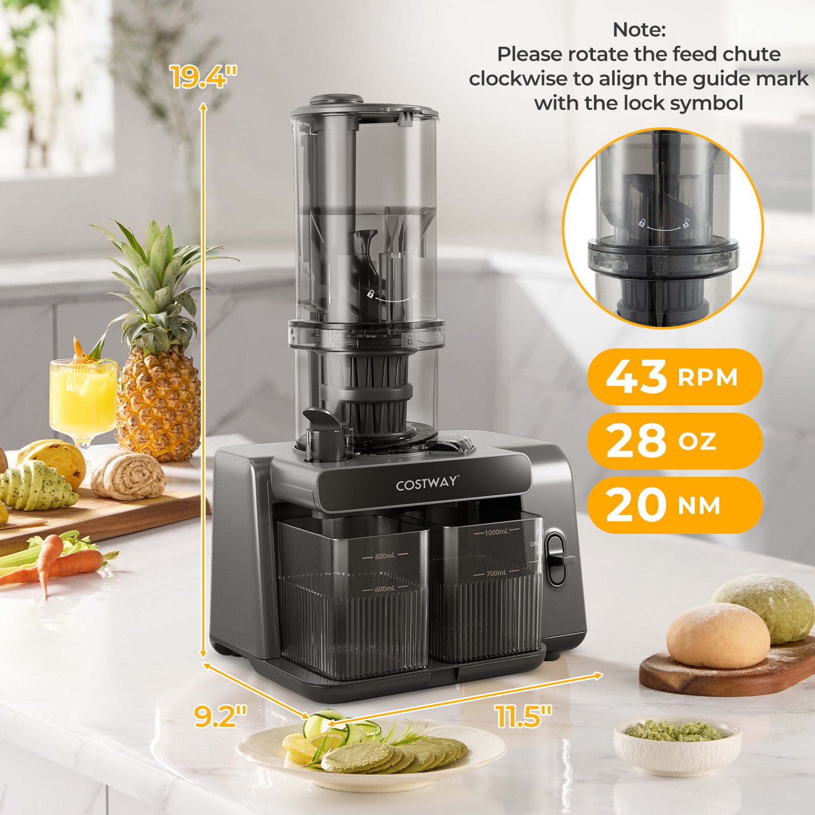 Cold Press Juicer, 5.3 Inches Feed Chute, High Juice Yield, Reverse Function Kitchen Utensils at Gallery Canada