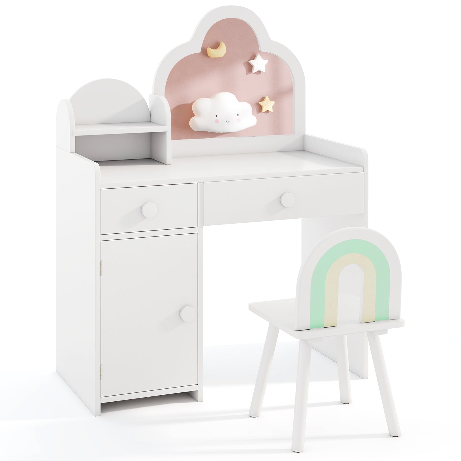Kids Vanity Table And Chair Set, Cloud Mirror, Open Shelf, White Kids Vanities at Gallery Canada