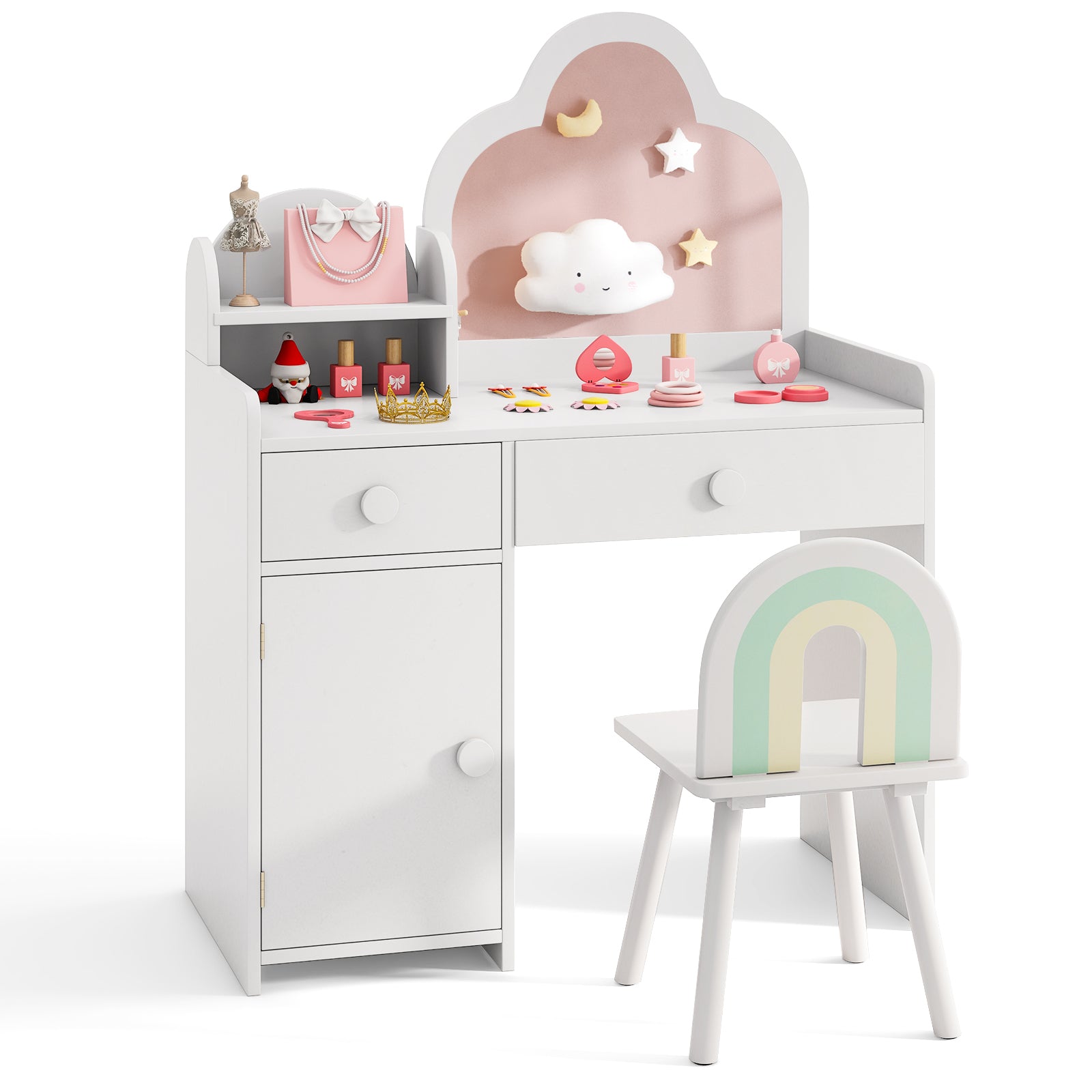 Kids Vanity Table And Chair Set, Cloud Mirror, Open Shelf, White Kids Vanities at Gallery Canada