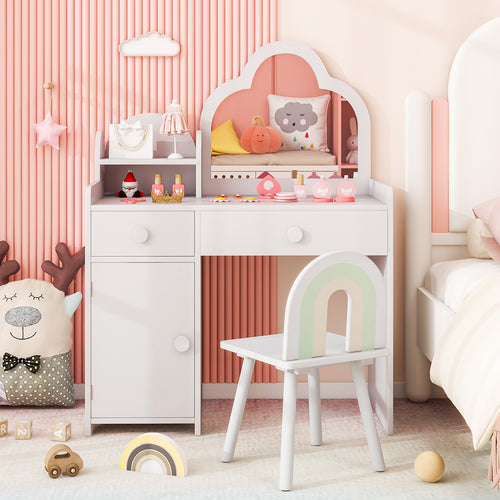 Kids Vanity Table And Chair Set, Cloud Mirror, Open Shelf, White