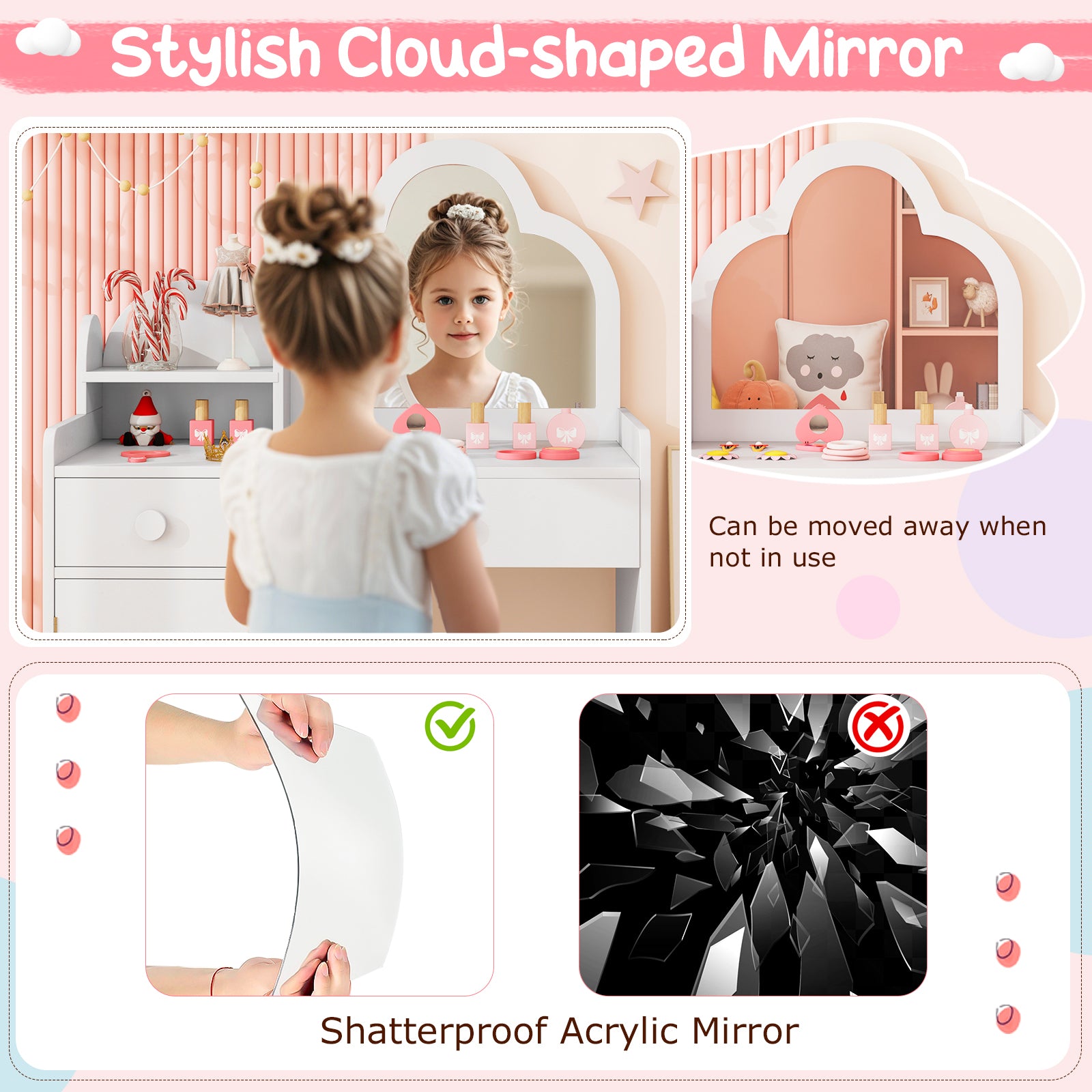 Kids Vanity Table And Chair Set, Cloud Mirror, Open Shelf, White Kids Vanities at Gallery Canada