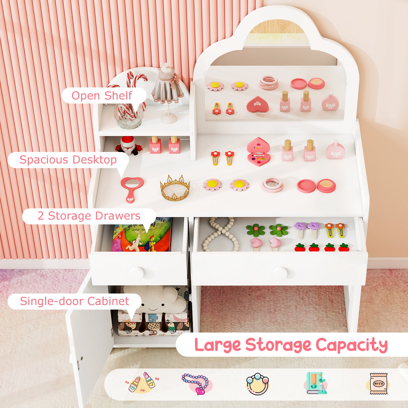 Kids Vanity Table And Chair Set, Cloud Mirror, Open Shelf, White Kids Vanities at Gallery Canada