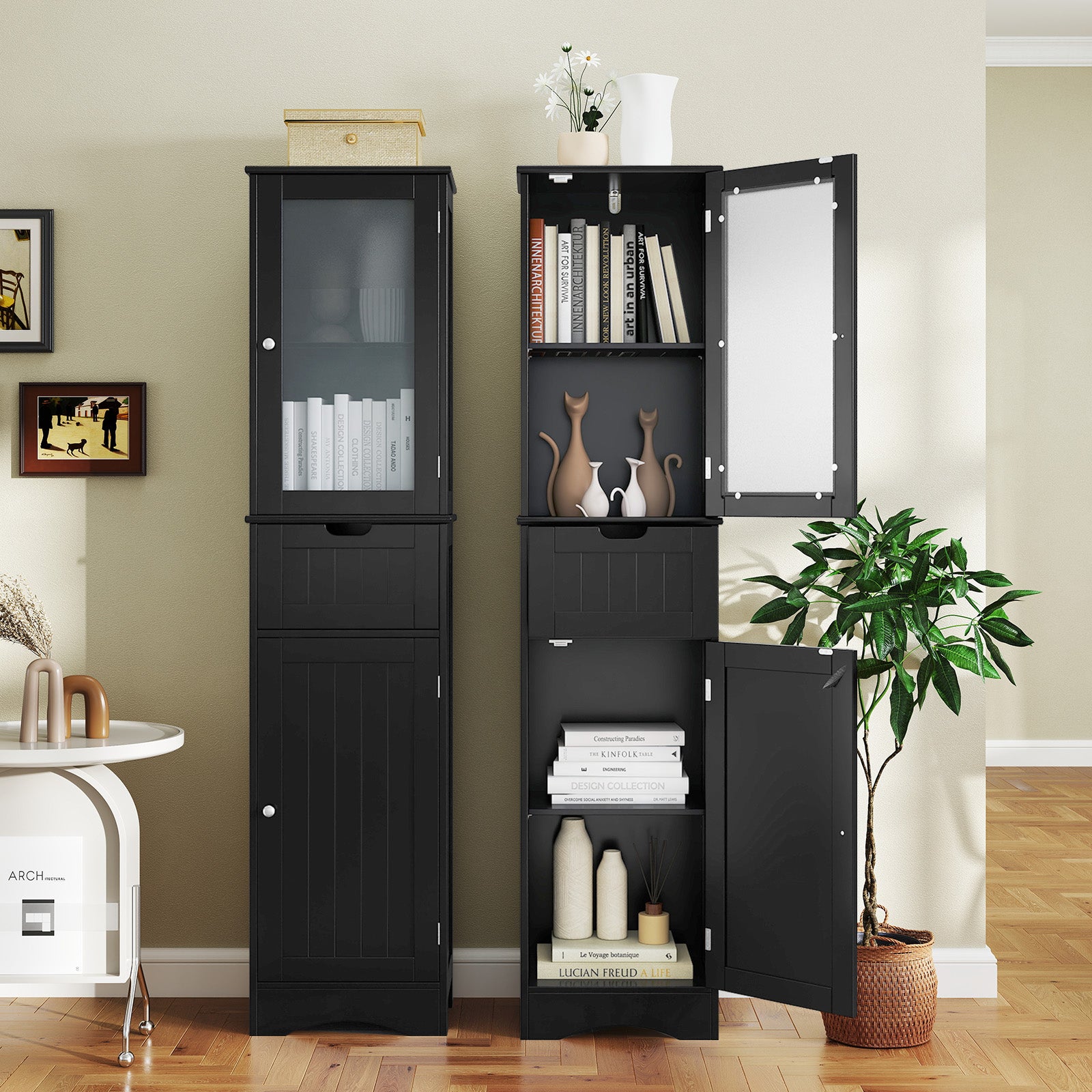 Tall Floor Storage Cabinet, 2 Doors, 1 Drawer, Black Floor Cabinets at Gallery Canada