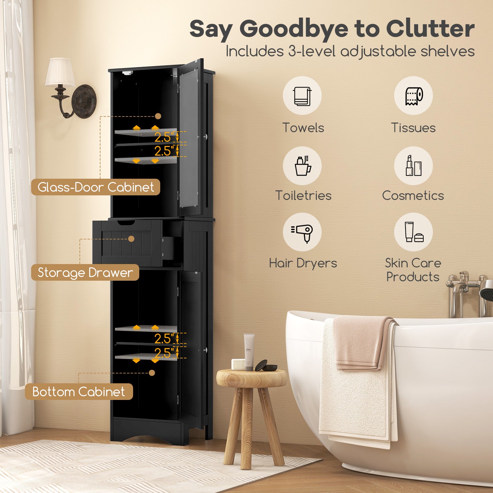 Tall Floor Storage Cabinet, 2 Doors, 1 Drawer, Black Floor Cabinets at Gallery Canada