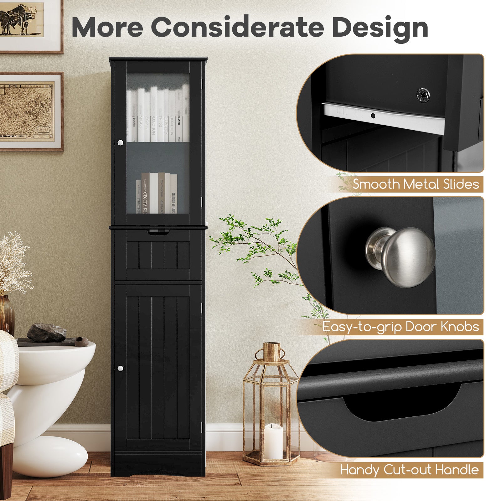 Tall Floor Storage Cabinet, 2 Doors, 1 Drawer, Black Floor Cabinets at Gallery Canada