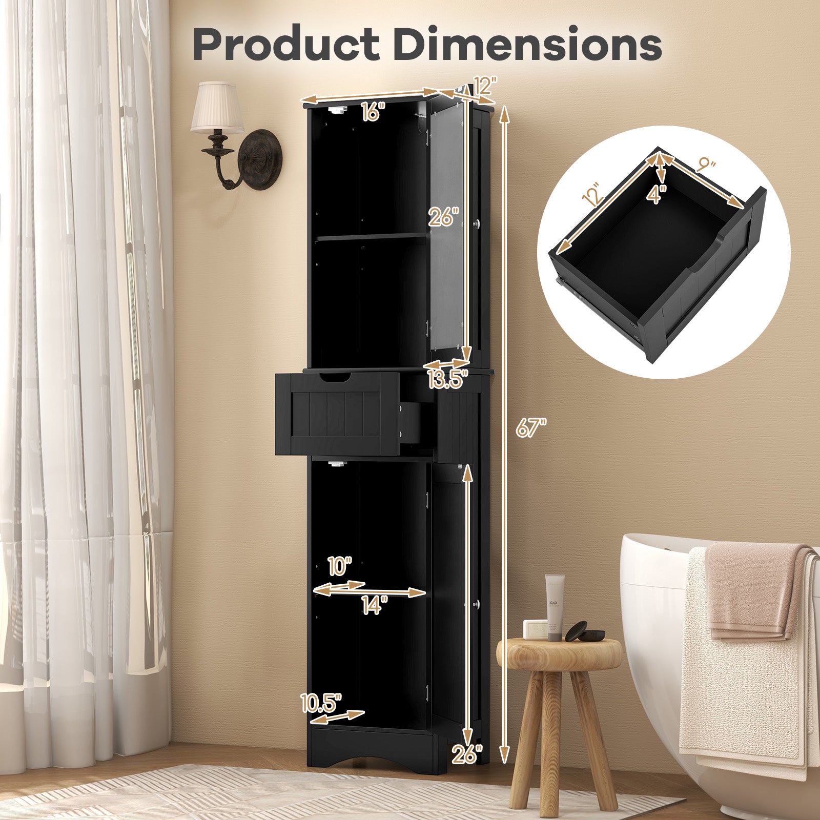 Tall Floor Storage Cabinet, 2 Doors, 1 Drawer, Black Floor Cabinets at Gallery Canada