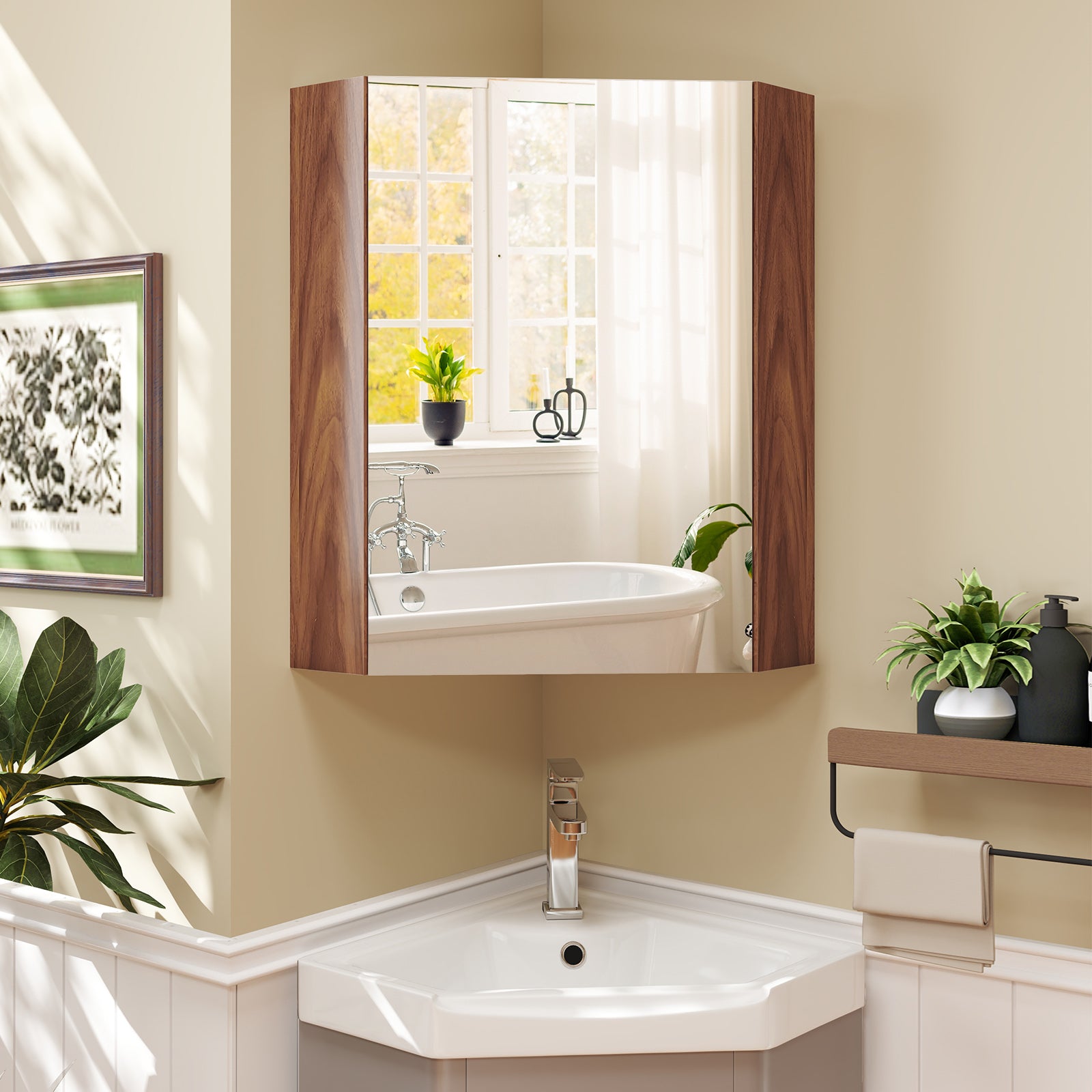 Corner Medicine Cabinet With Mirror, Adjustable Shelf, Brown Wall Mirrors at Gallery Canada
