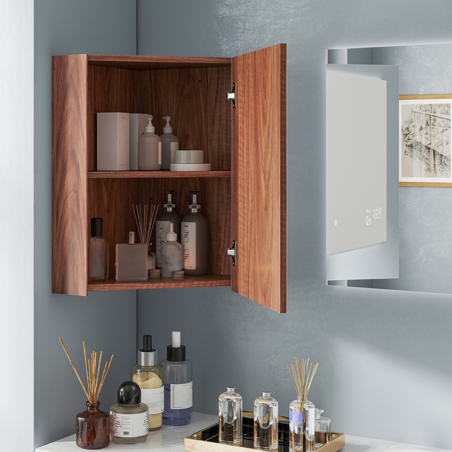 Corner Medicine Cabinet With Mirror, Adjustable Shelf, Brown Wall Mirrors at Gallery Canada