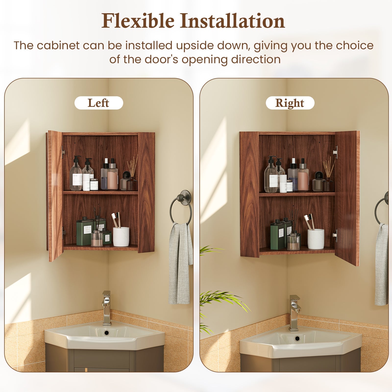 Corner Medicine Cabinet With Mirror, Adjustable Shelf, Brown Wall Mirrors at Gallery Canada