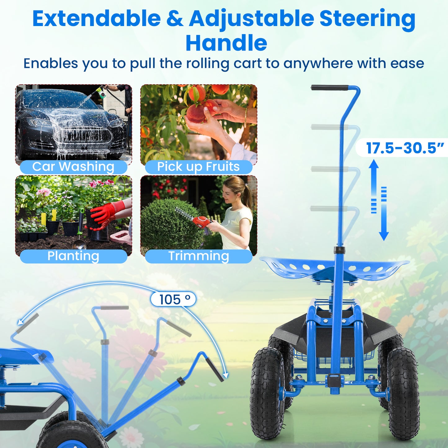 Extendable Handle Garden Cart, Rolling Wagon Scooter, Blue Garden Tools at Gallery Canada