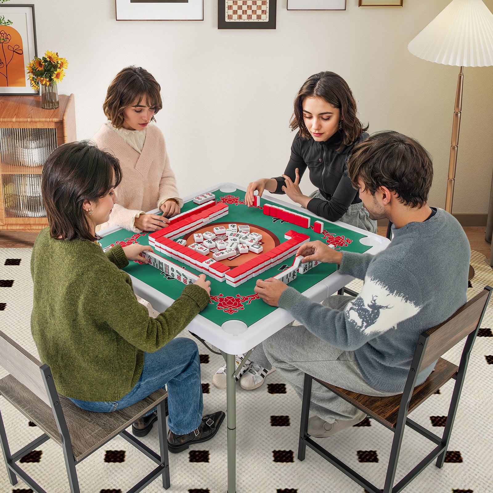 35 Inch 4 Player Folding Mahjong Table, Cup Holders, Light Green Game Room at Gallery Canada