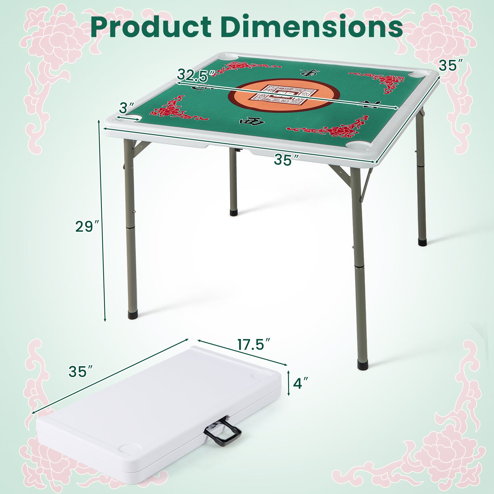 35 Inch 4 Player Folding Mahjong Table, Cup Holders, Light Green Game Room at Gallery Canada