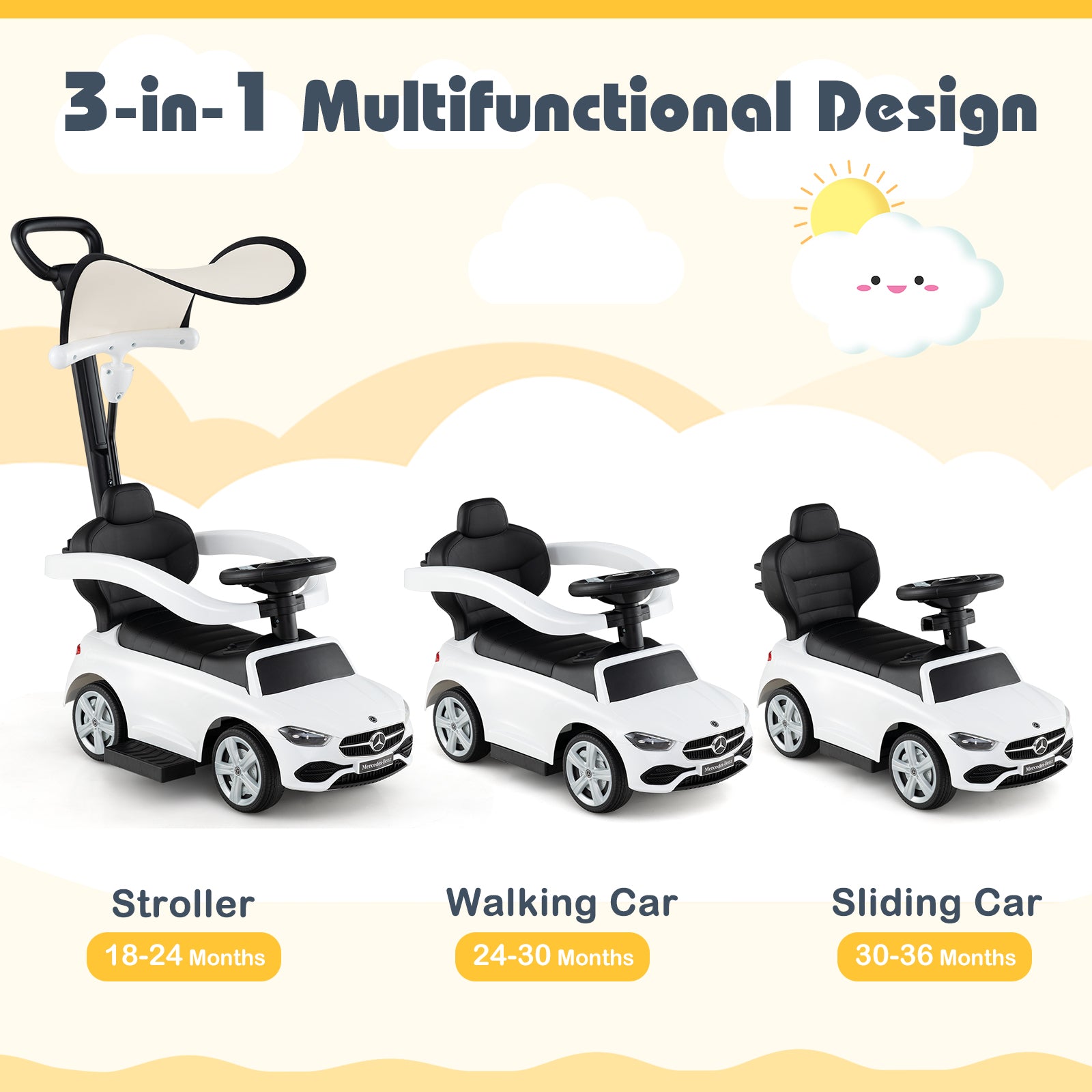3-In-1 Ride On Push Car, With Canopy, White Push & Pedal Ride On Toys at Gallery Canada