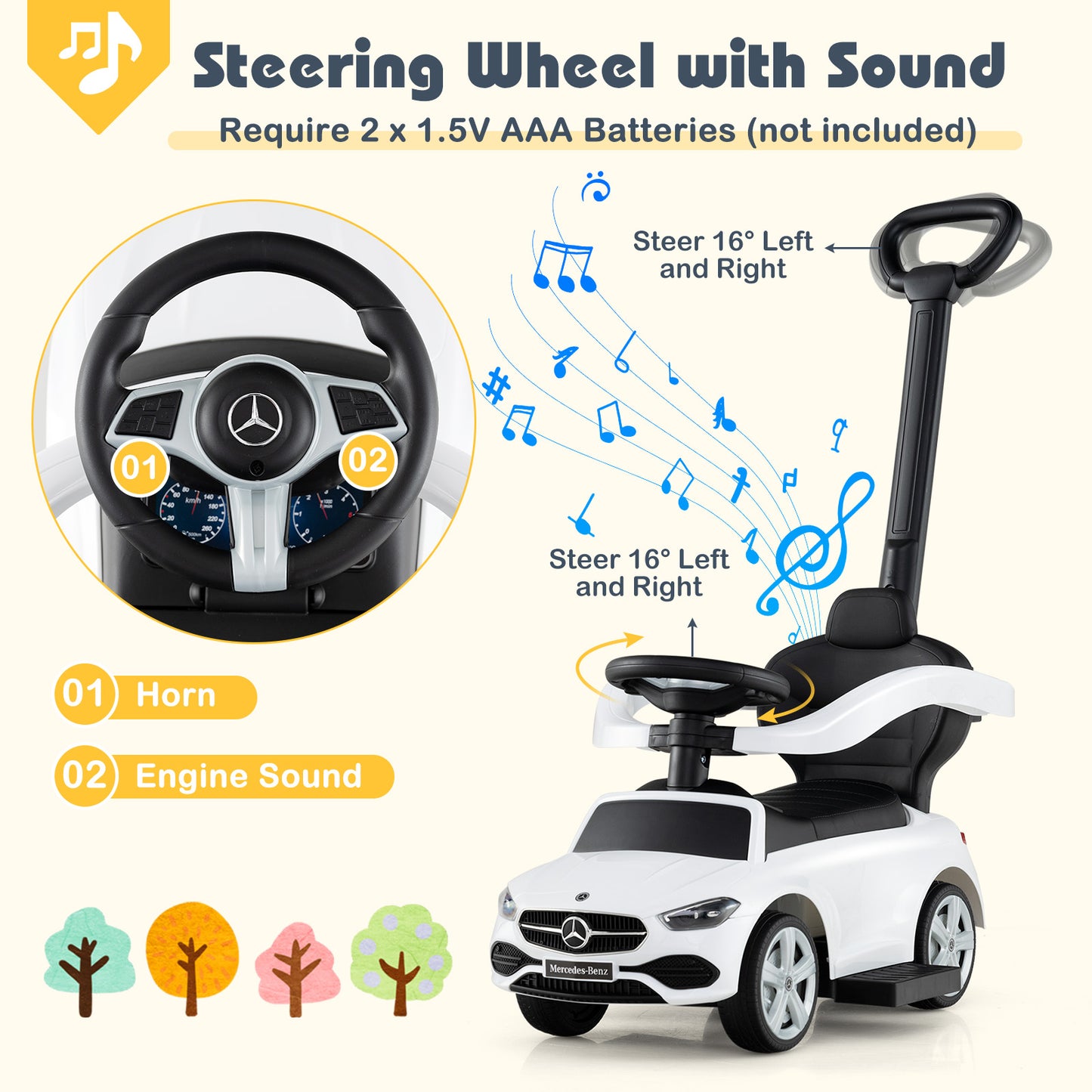 3-In-1 Ride On Push Car, With Canopy, White Push & Pedal Ride On Toys at Gallery Canada