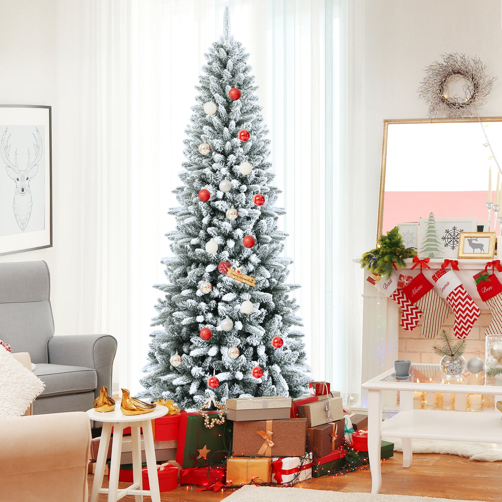 Artificial Christmas Pencil Tree, 7.5', Snow Flocked, Mixed Tips, White Christmas Tree at Gallery Canada