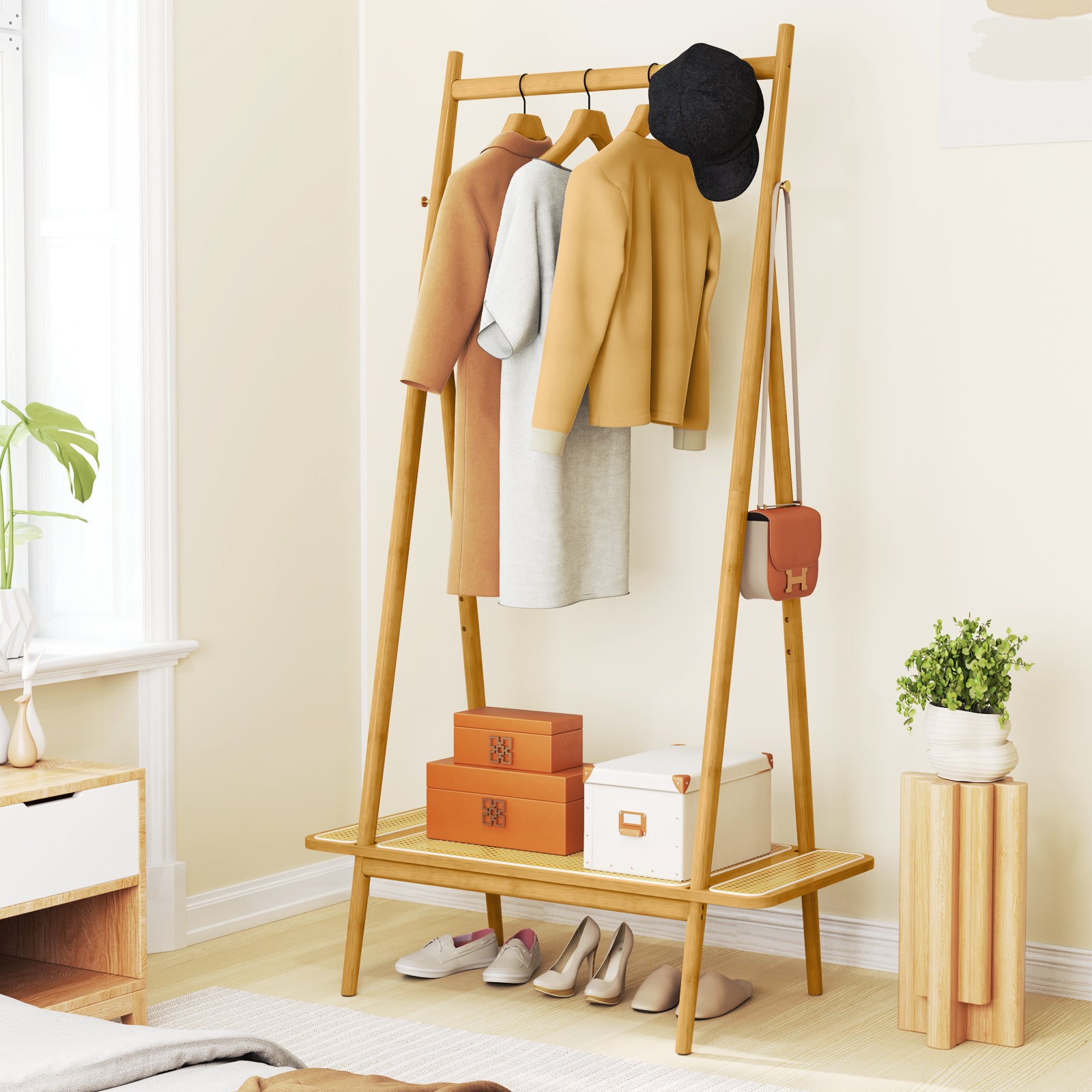 Bamboo Clothes Rack, Hanging Rod, Rattan Shelf, Copper Hooks, Natural Coat Racks & Hall Trees at Gallery Canada