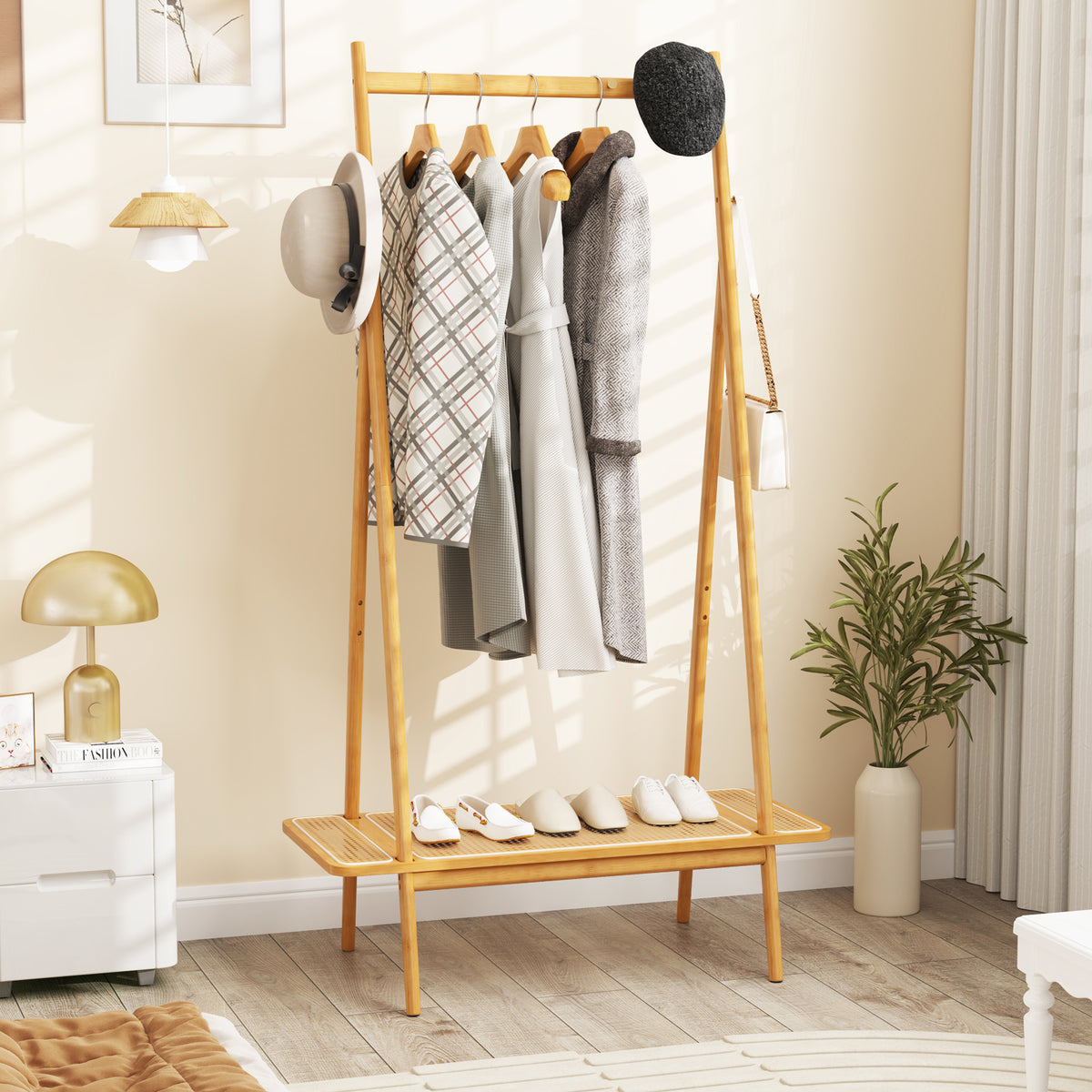 Bamboo Clothes Rack, Hanging Rod, Rattan Shelf, Copper Hooks, Natural Coat Racks & Hall Trees at Gallery Canada