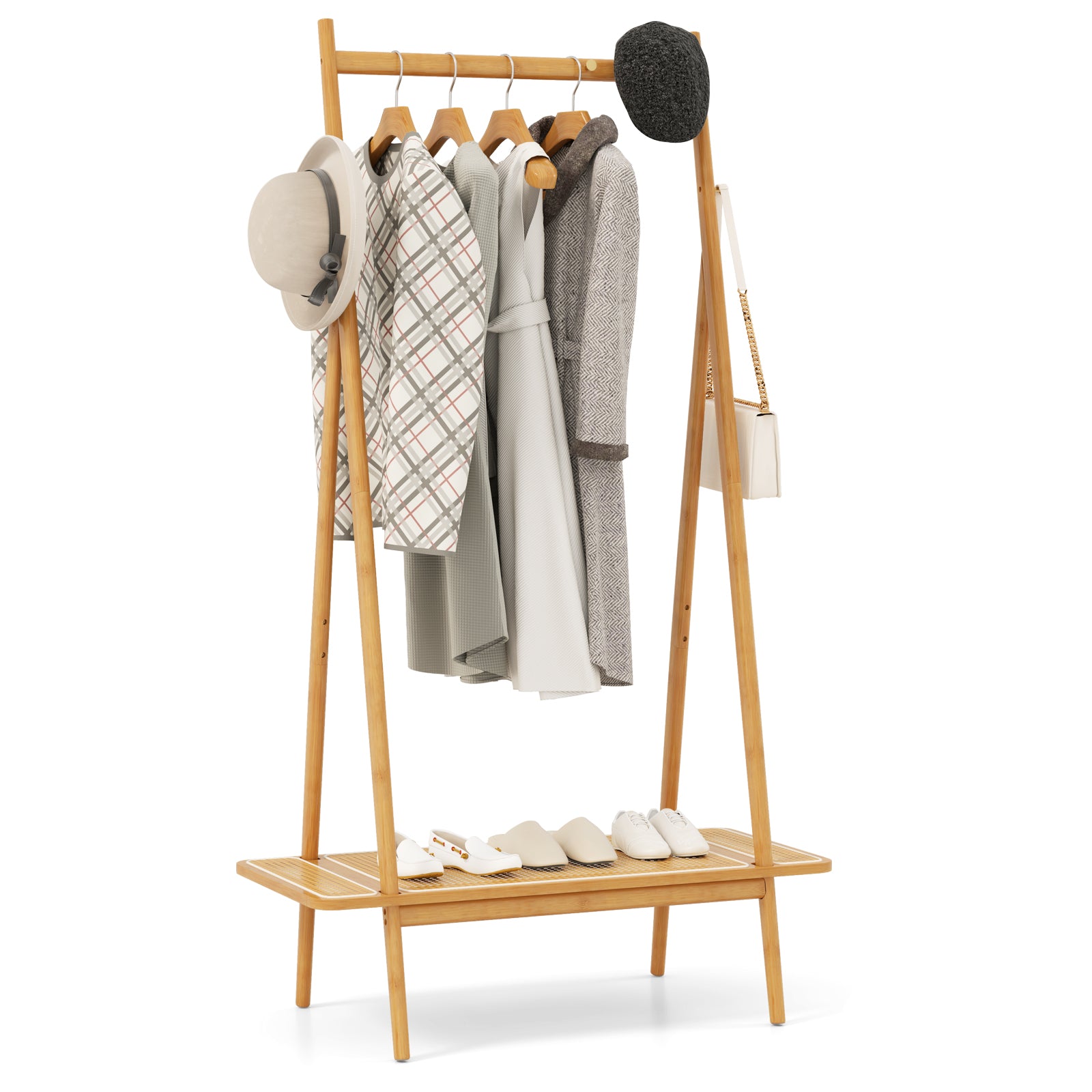 Bamboo Clothes Rack, Hanging Rod, Rattan Shelf, Copper Hooks, Natural Coat Racks & Hall Trees at Gallery Canada