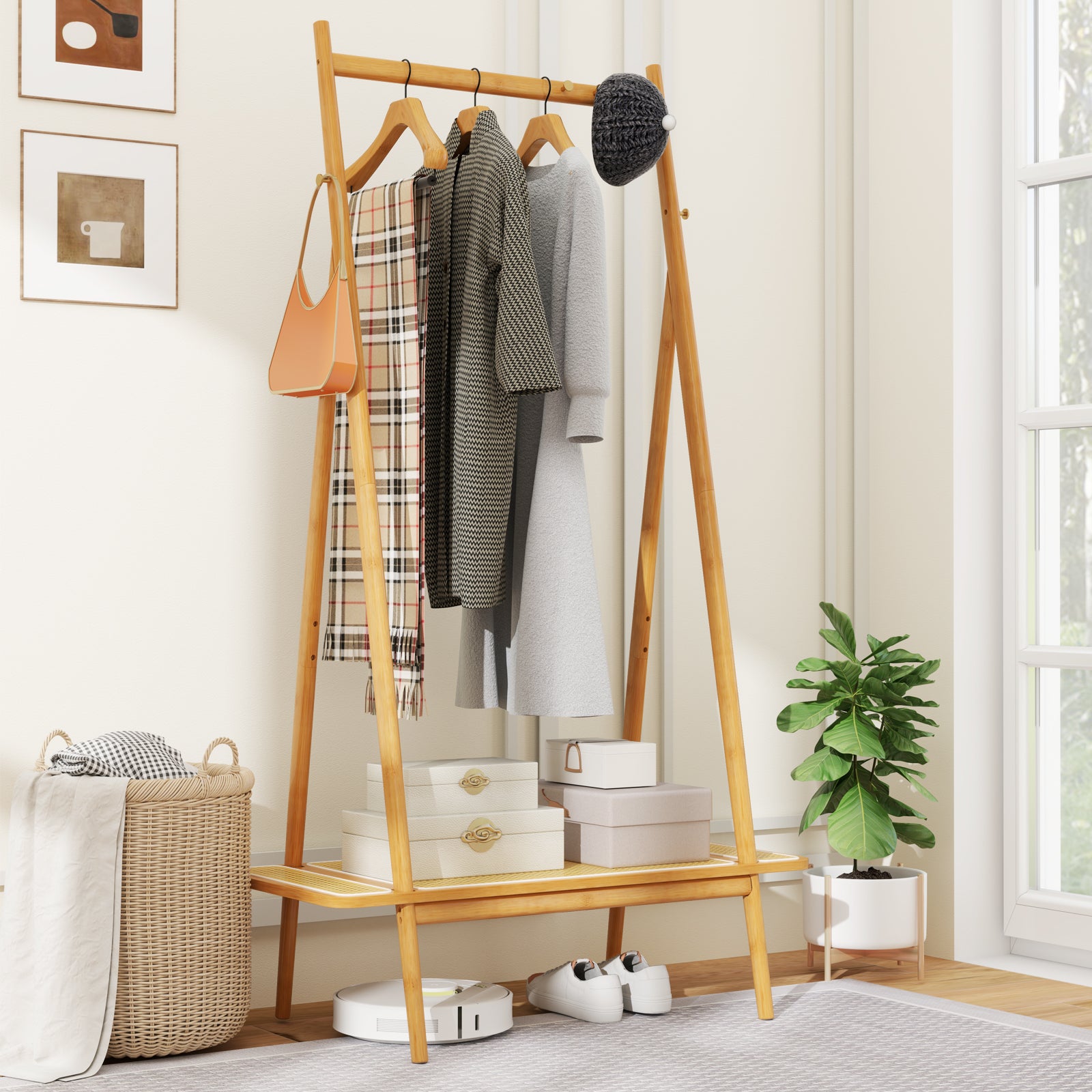 Bamboo Clothes Rack, Hanging Rod, Rattan Shelf, Copper Hooks, Natural Coat Racks & Hall Trees at Gallery Canada
