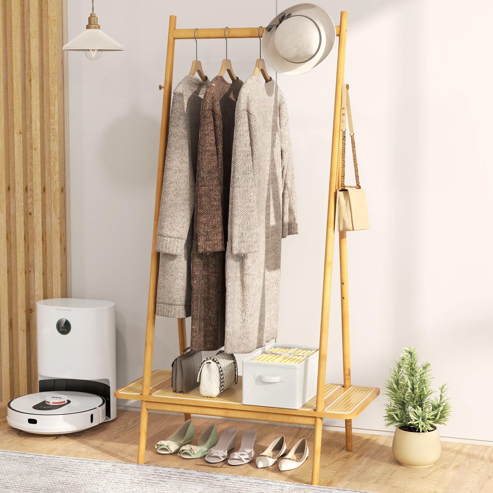 Bamboo Clothes Rack, Hanging Rod, Rattan Shelf, Copper Hooks, Natural Coat Racks & Hall Trees at Gallery Canada