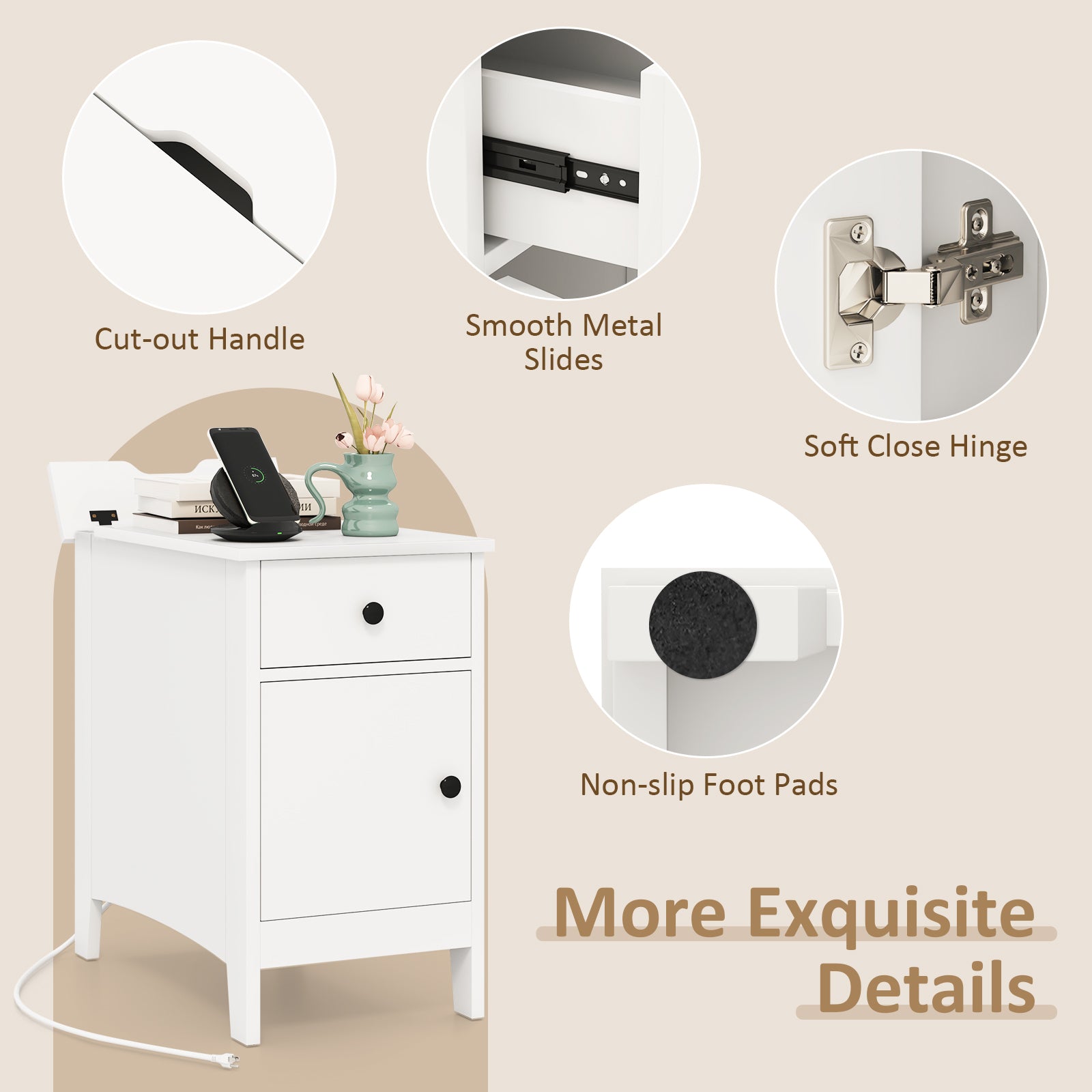 Flip Top End Table With Charging Station USB Ports, White Nightstands at Gallery Canada