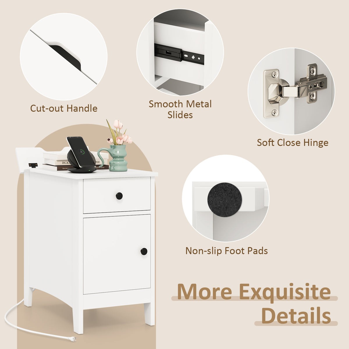 Flip Top End Table With Charging Station USB Ports, White Nightstands at Gallery Canada