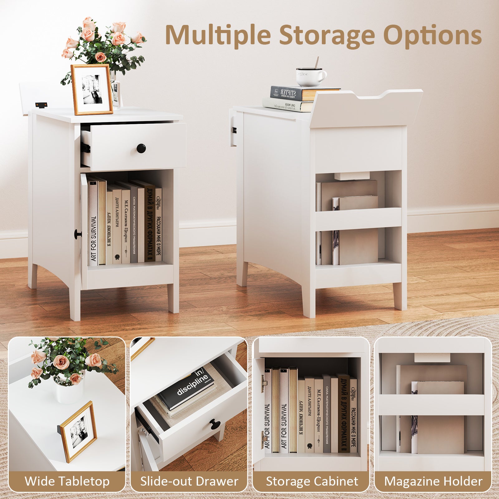 Flip Top End Table With Charging Station USB Ports, White Nightstands at Gallery Canada