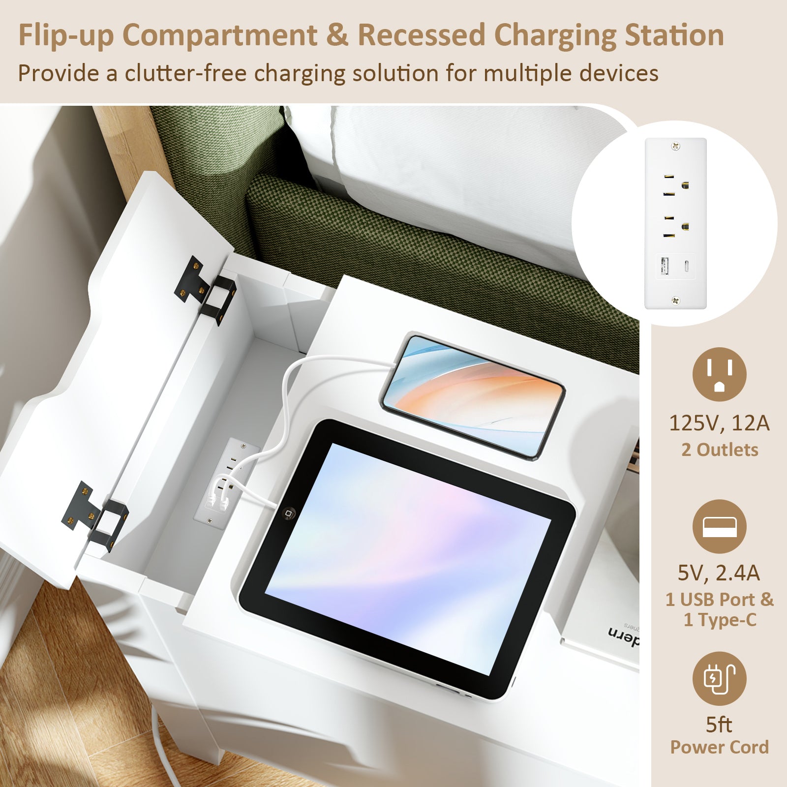 Flip Top End Table With Charging Station USB Ports, White Nightstands at Gallery Canada