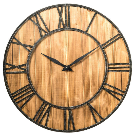 27 Inch Round Wall Clock, Wooden Silent, Battery, Brown Outdoor Decor Brown at Gallery Canada