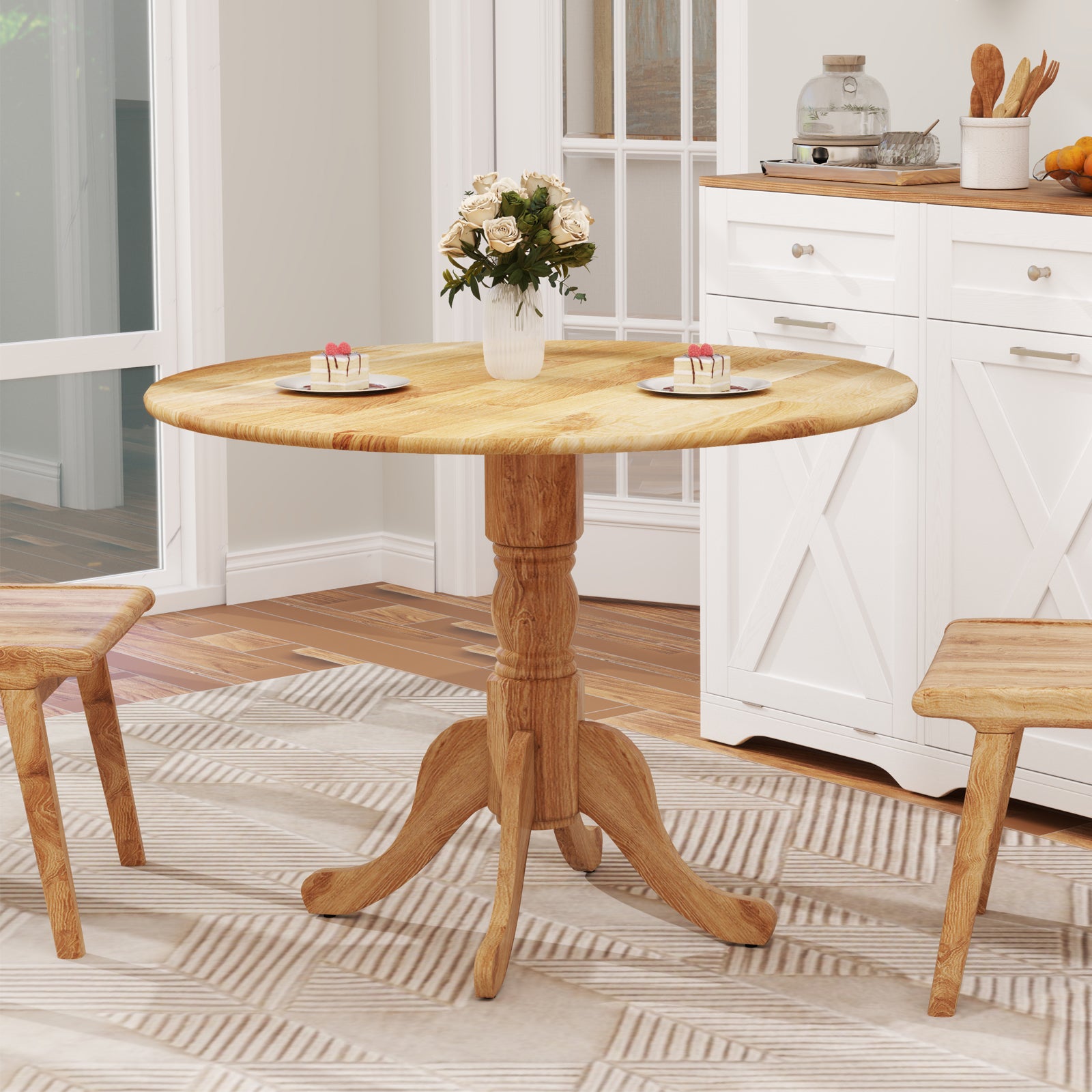 Wooden Dining Table, Round Tabletop, Curved Trestle Legs, Natural Dining Tables at Gallery Canada
