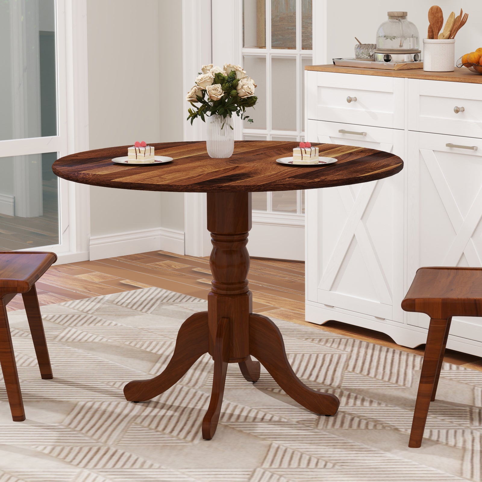 Wooden Dining Table, Round Tabletop, Curved Trestle Legs, Walnut Dining Tables at Gallery Canada