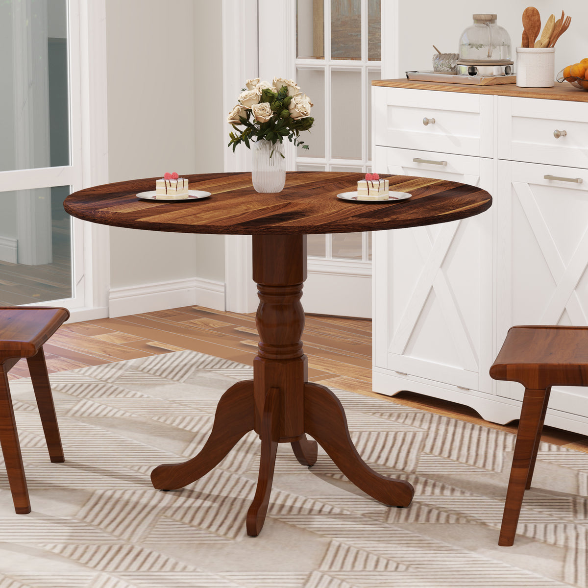 Wooden Dining Table, Round Tabletop, Curved Trestle Legs, Walnut Dining Tables at Gallery Canada