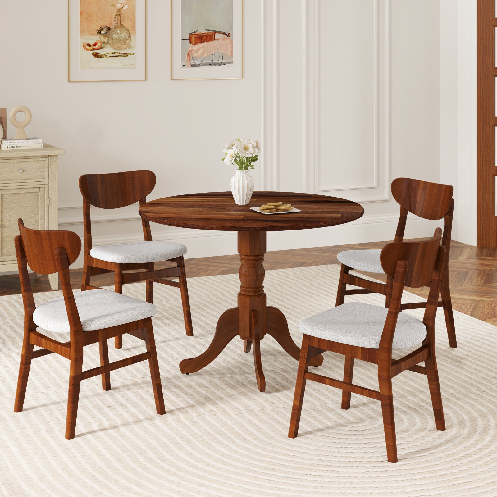 Wooden Dining Table, Round Tabletop, Curved Trestle Legs, Walnut Dining Tables at Gallery Canada