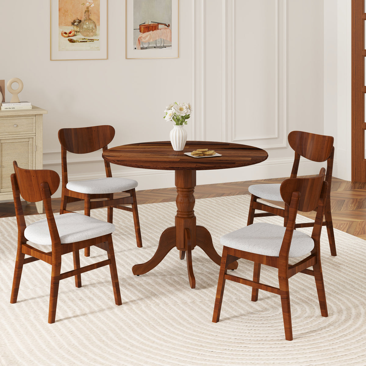Wooden Dining Table, Round Tabletop, Curved Trestle Legs, Walnut Dining Tables at Gallery Canada