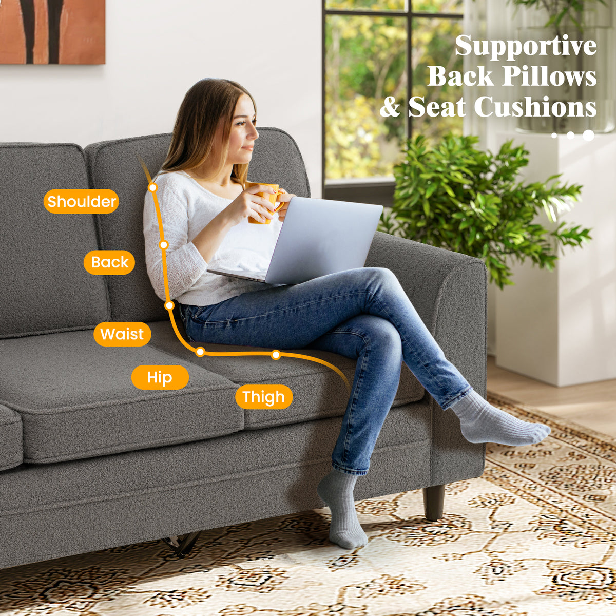 Upholstered Teddy Velvet 3-Seat Sofa, Gray Sofas & Loveseats at Gallery Canada