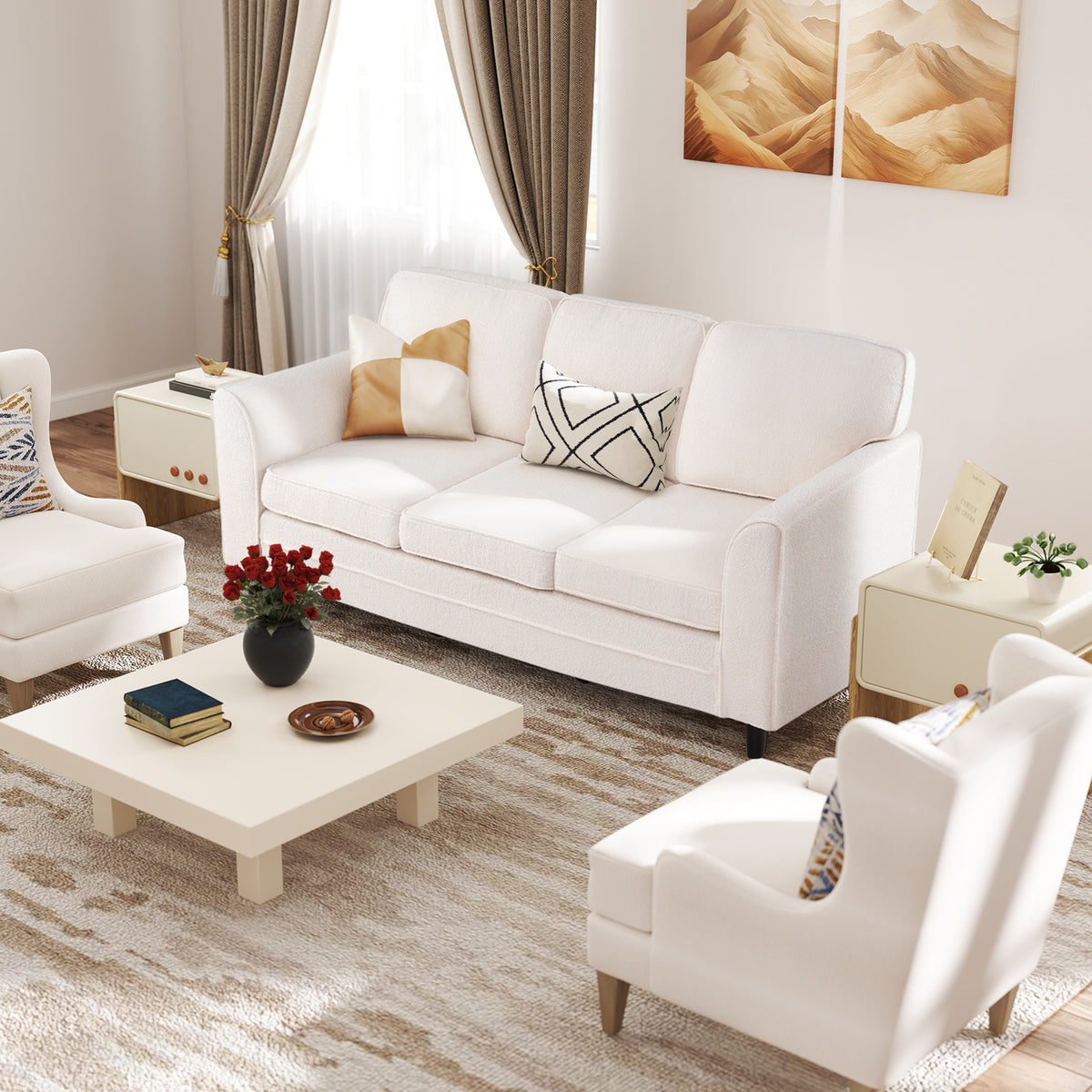 Upholstered Teddy Velvet 3-Seat Sofa, White Sofas & Loveseats at Gallery Canada