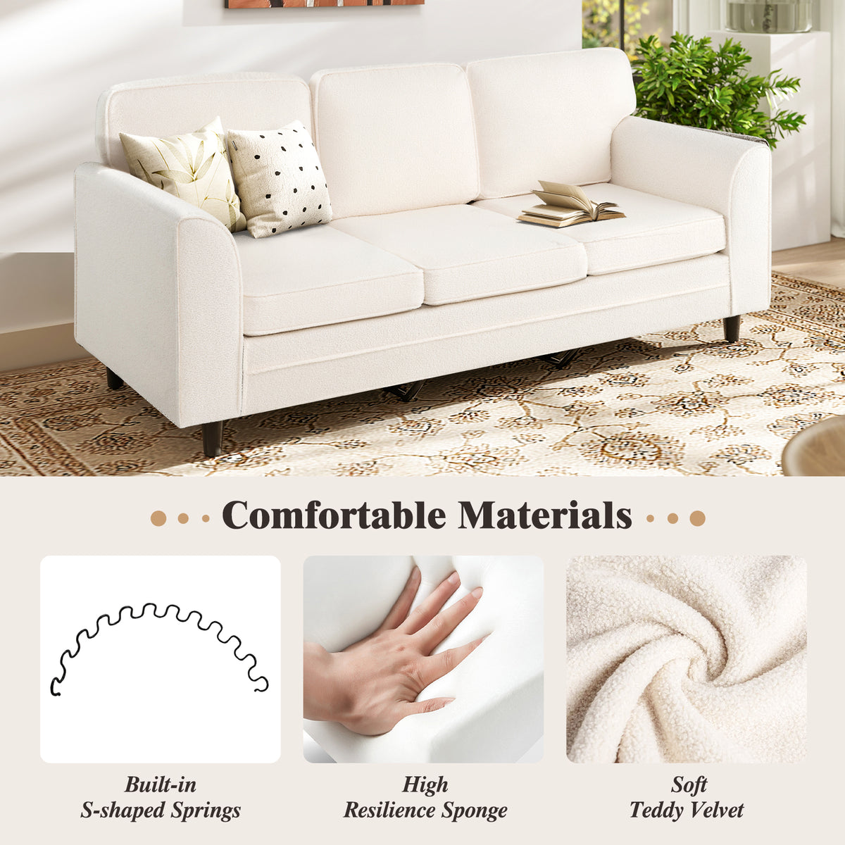 Upholstered Teddy Velvet 3-Seat Sofa, White Sofas & Loveseats at Gallery Canada
