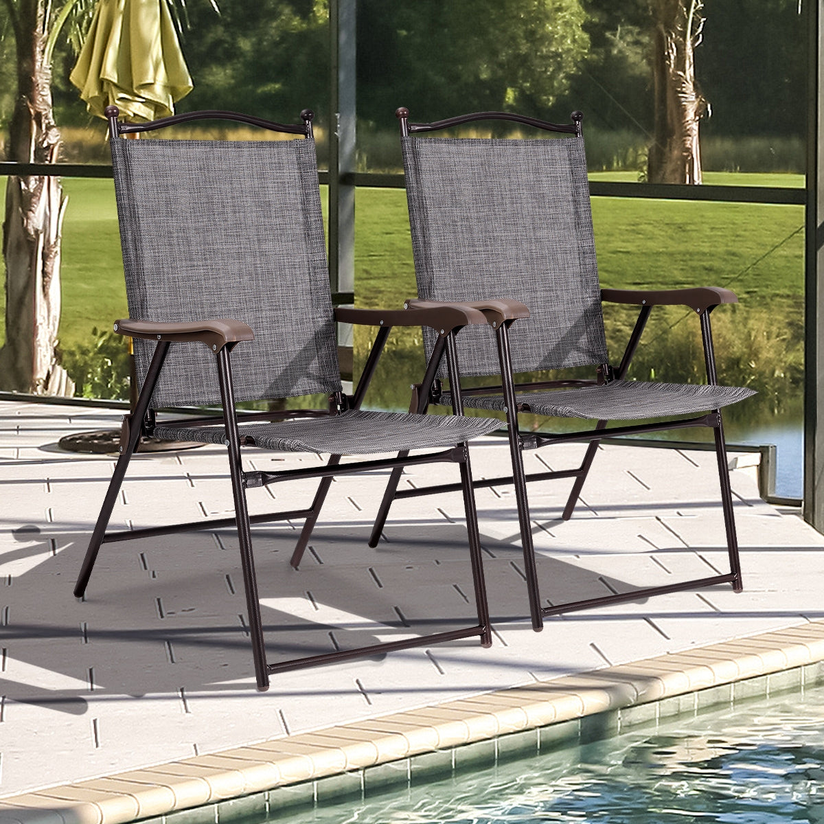Set Of 2 Patio Folding Sling Back Camping Deck Chairs, Gray Patio Dining Chairs at Gallery Canada