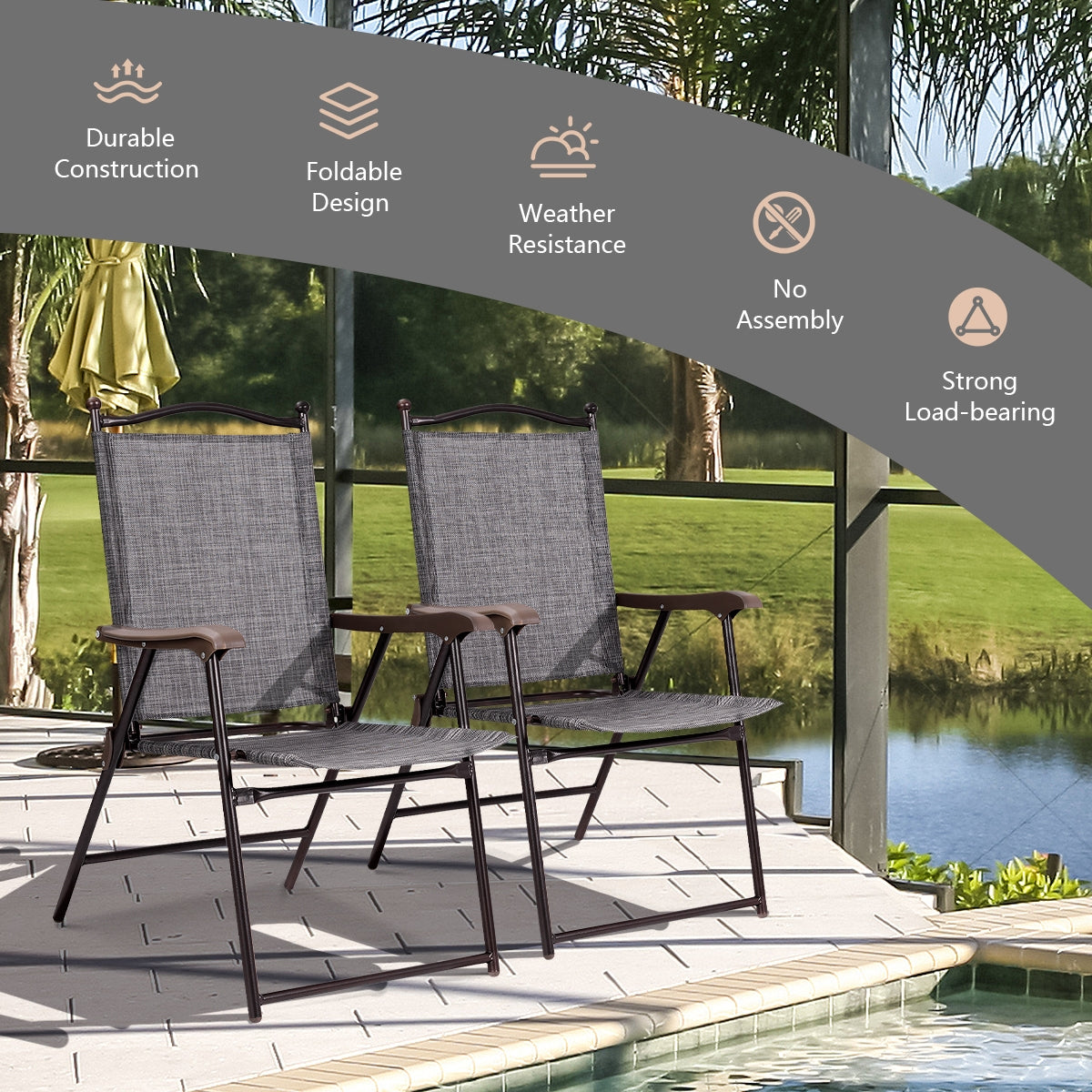 Set Of 2 Patio Folding Sling Back Camping Deck Chairs, Gray Patio Dining Chairs at Gallery Canada