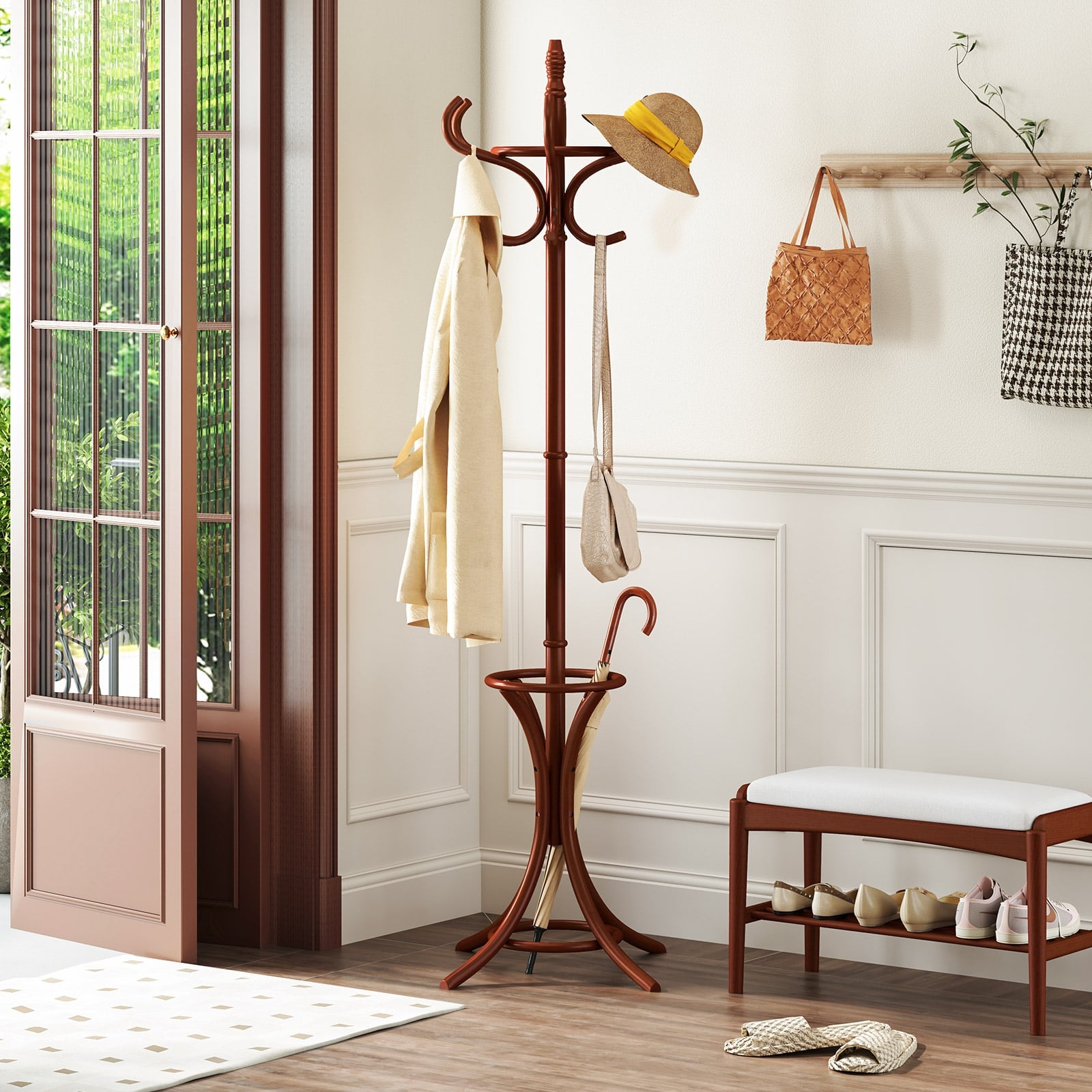 Wood Standing Hat Coat Rack With Umbrella Stand, Brown Coat Racks & Hall Trees at Gallery Canada