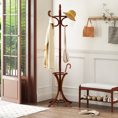 Wood Standing Hat Coat Rack With Umbrella Stand, Brown