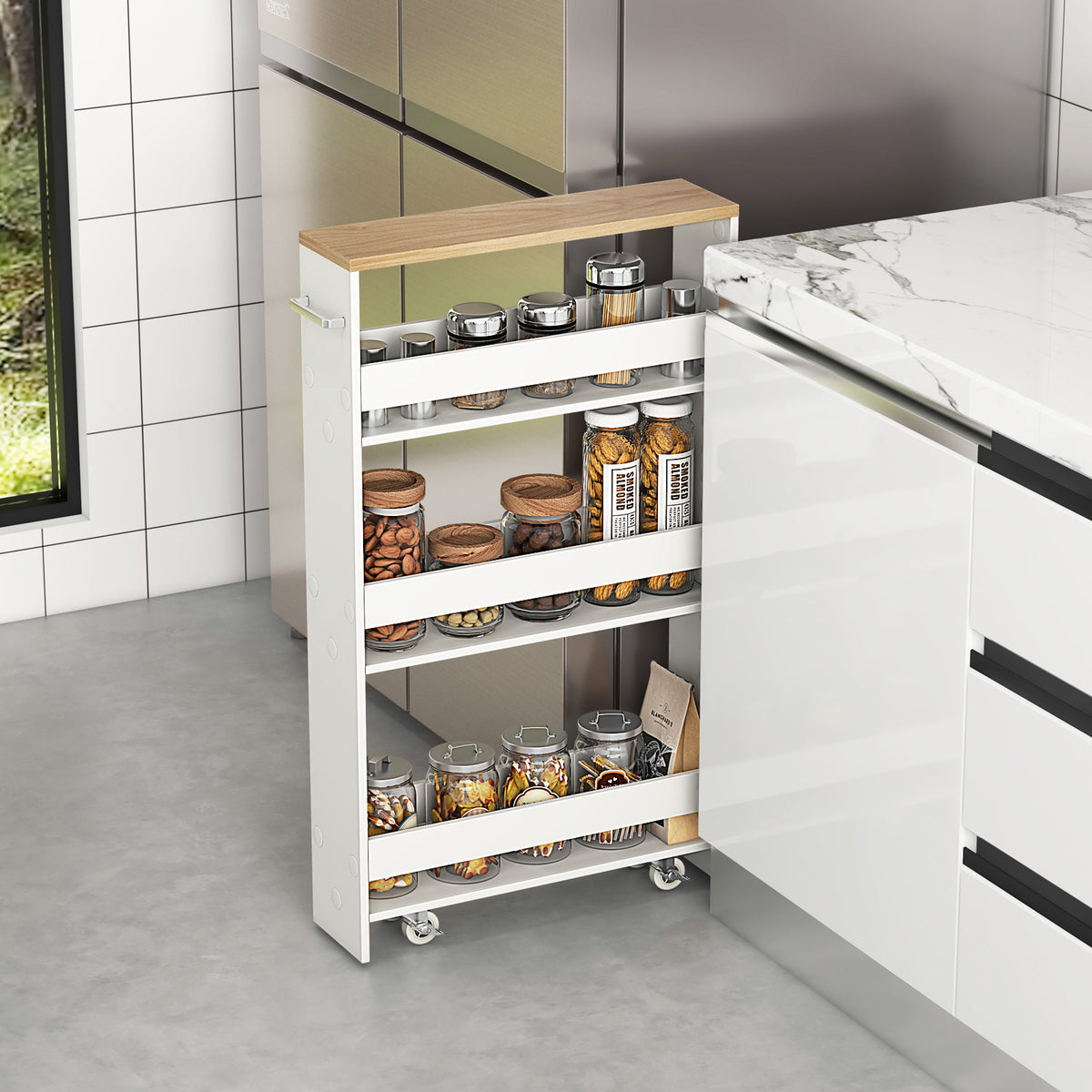 Slim Rolling Kitchen Cart, Mobile Storage Organizer With Handle, White Kitchen Islands & Carts at Gallery Canada