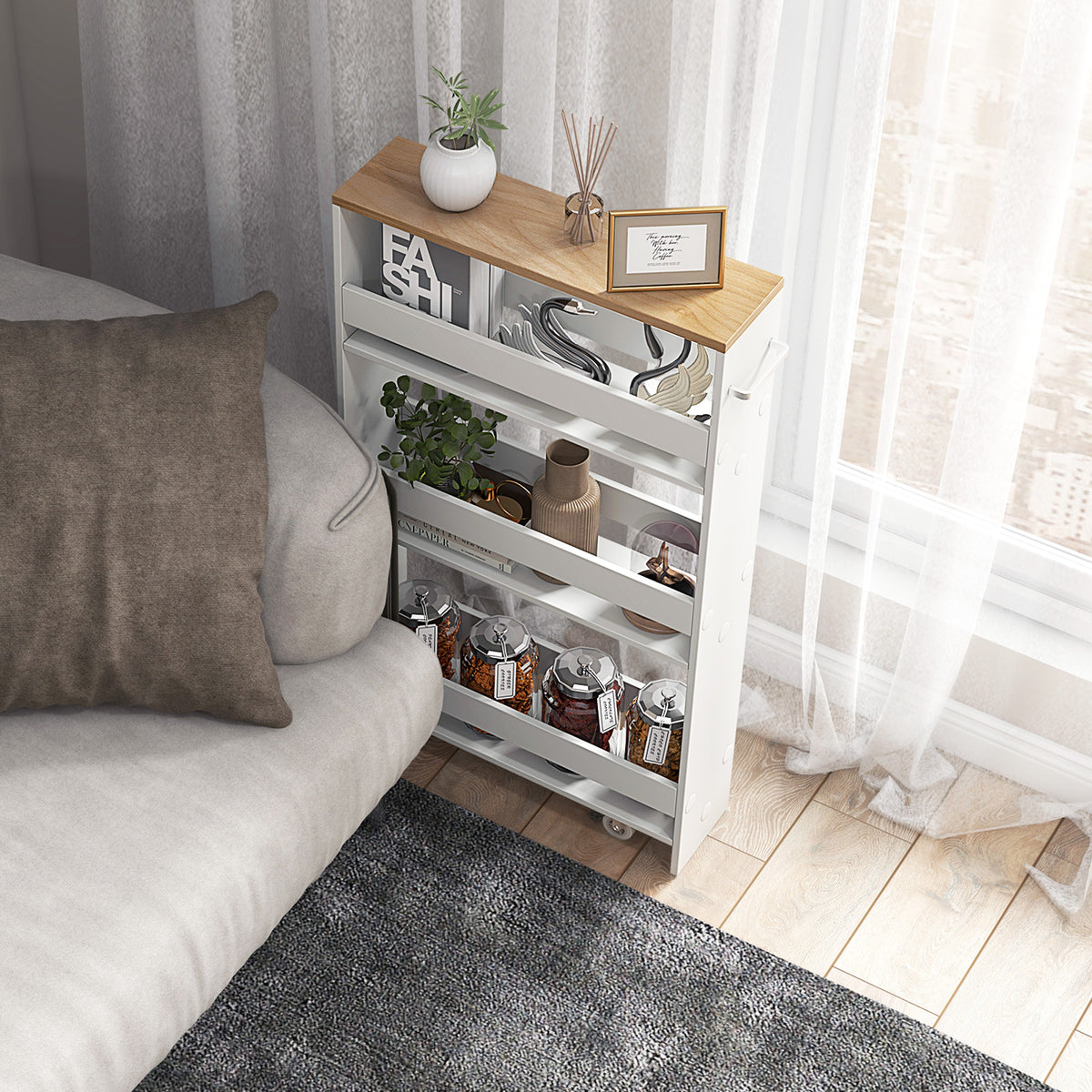 Slim Rolling Kitchen Cart, Mobile Storage Organizer With Handle, White Kitchen Islands & Carts at Gallery Canada