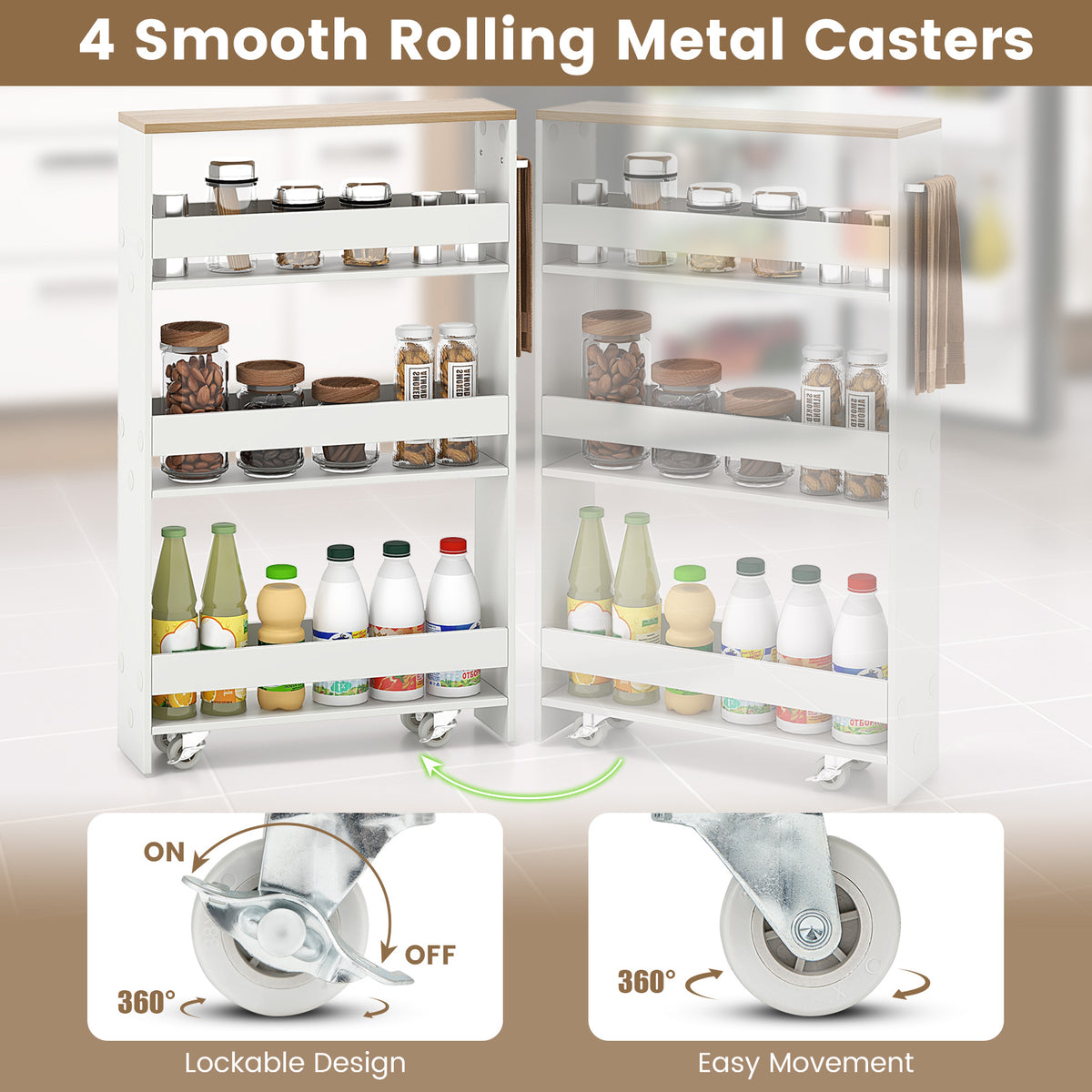 Slim Rolling Kitchen Cart, Mobile Storage Organizer With Handle, White Kitchen Islands & Carts at Gallery Canada