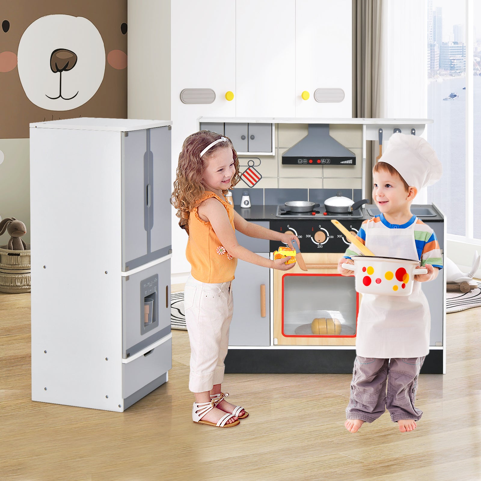 Wooden Chef Play Kitchen, Refrigerator, Range Hood, Roaster, Gray Play Kitchen Sets at Gallery Canada
