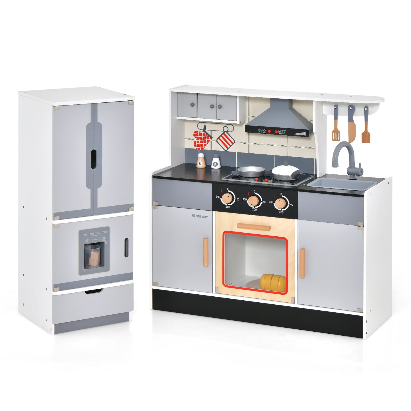 Wooden Chef Play Kitchen, Refrigerator, Range Hood, Roaster, Gray Play Kitchen Sets at Gallery Canada