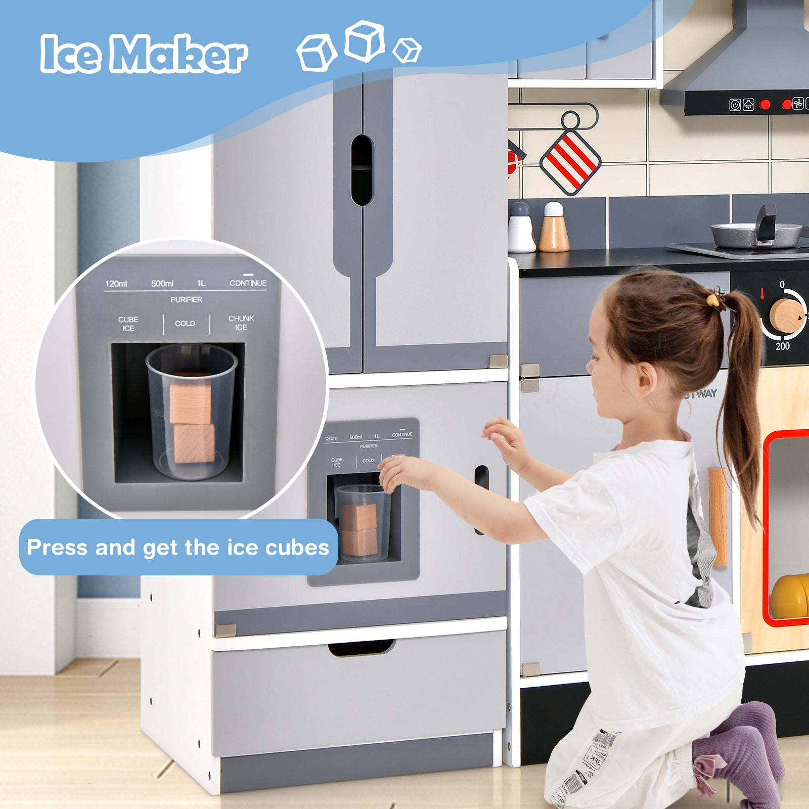 Wooden Chef Play Kitchen, Refrigerator, Range Hood, Roaster, Gray Play Kitchen Sets at Gallery Canada