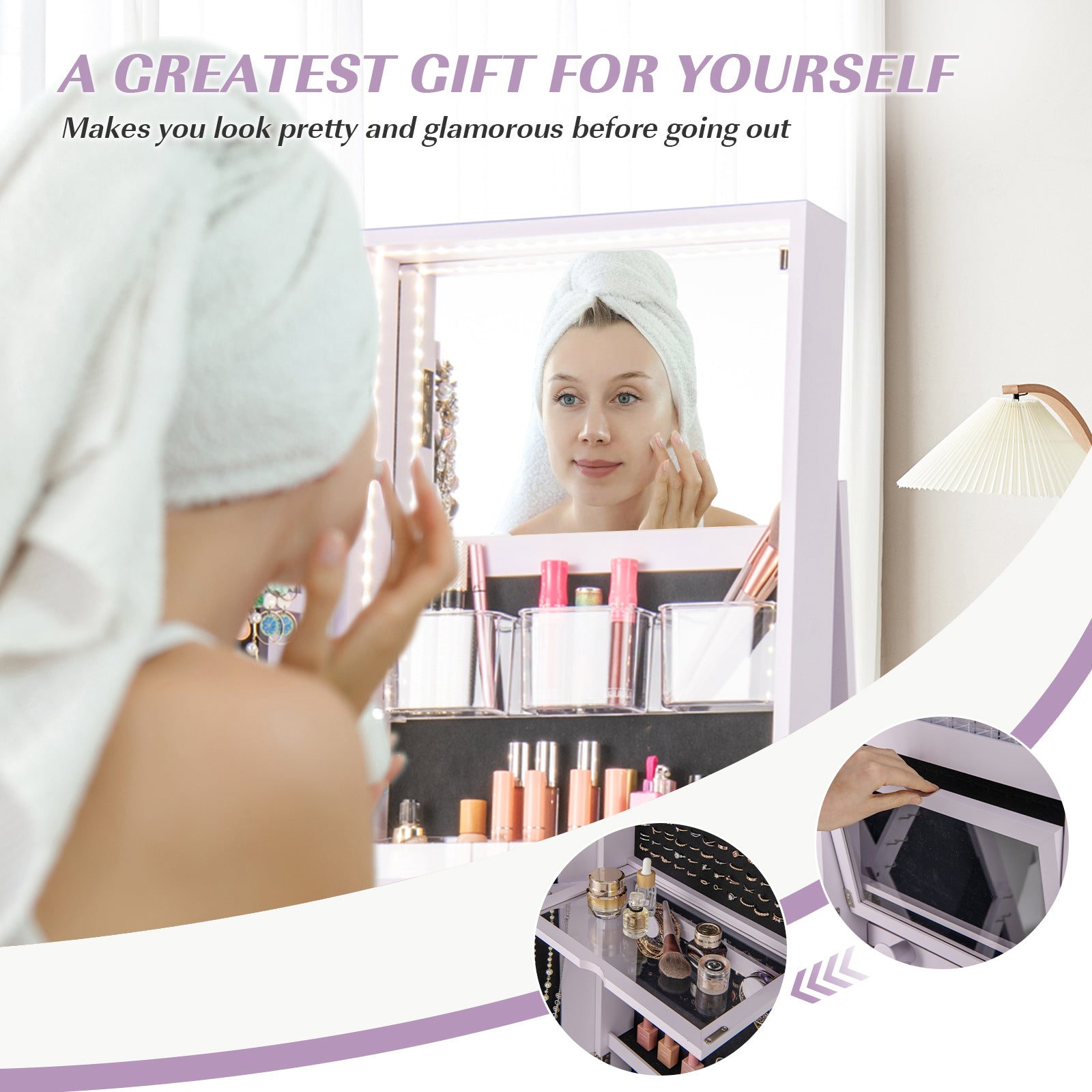 360° Rotating Jewelry Cabinet, 3 LED Modes, Lockable, Purple Jewelry Armoires at Gallery Canada